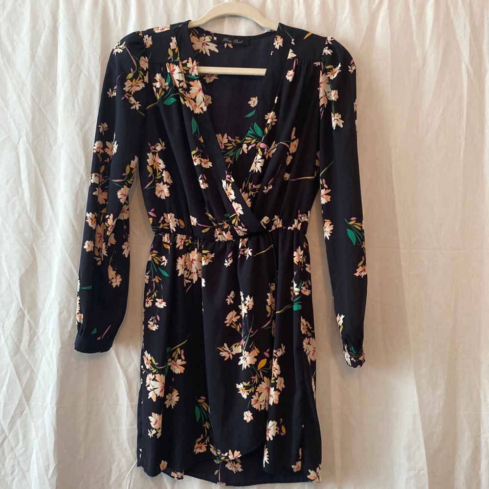 Honey Punch Herbaceous Babe Navy Floral Print Wrap Dress